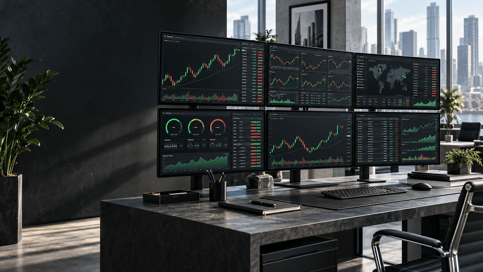 Multi-screen KAMX trading operations workspace